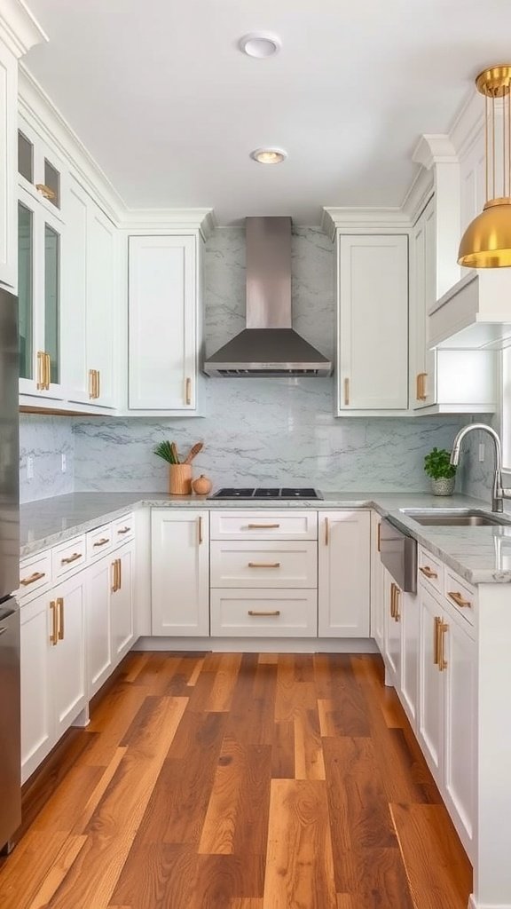 A modern kitchen with white cabinets, marble countertops, and wooden flooring.