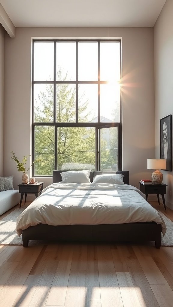 A bright bedroom with large windows allowing natural light.