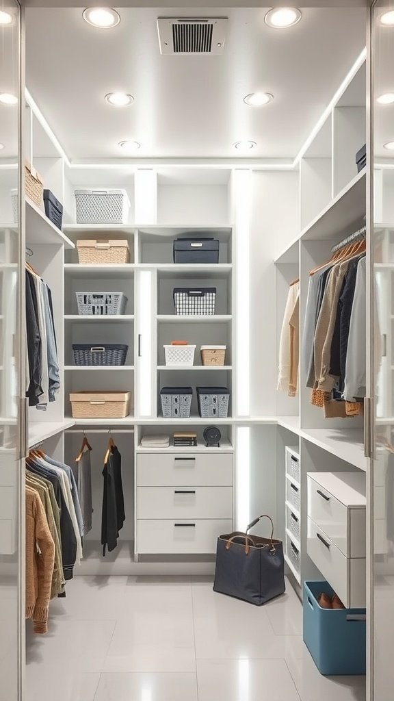 Brightly lit closet with organized shelves and hanging clothes.
