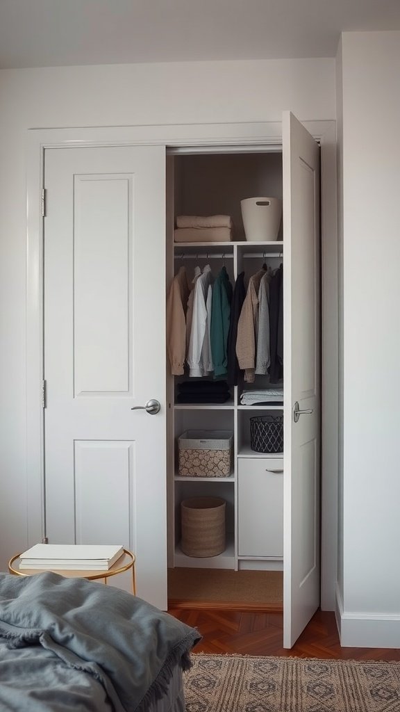 A neat closet with organized shelves and hanging clothes, showcasing efficient use of space.