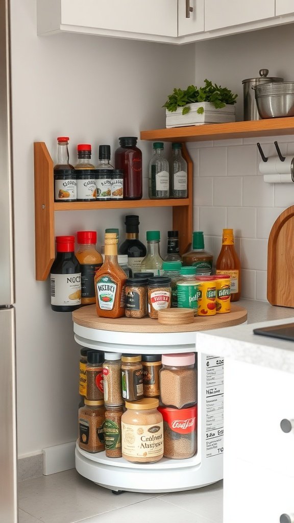 A corner cabinet with a lazy Susan filled with various sauces and spices.