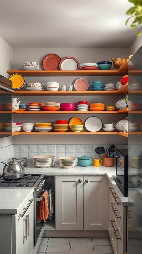 A small kitchen with open shelving displaying colorful dishes and cookware.