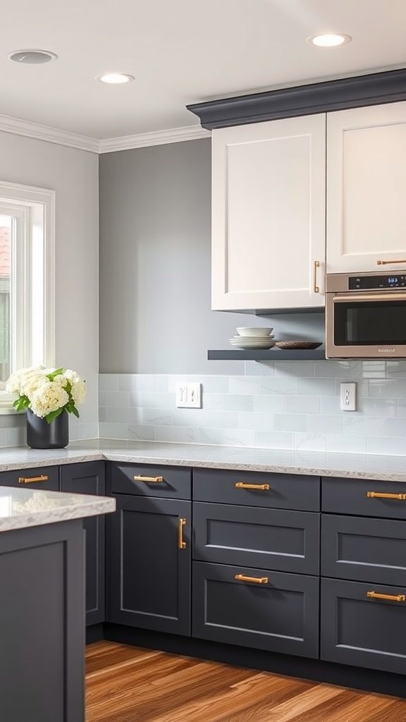 Modern kitchen with two-tone cabinets and metallic accents