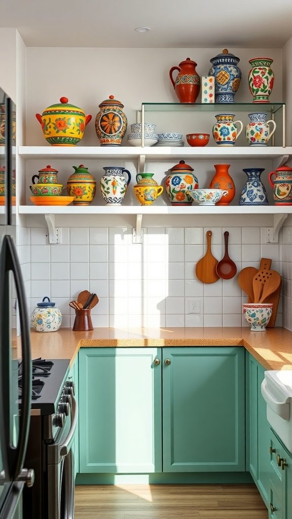 Colorful Mexican Talavera pottery displayed on shelves in a kitchen.