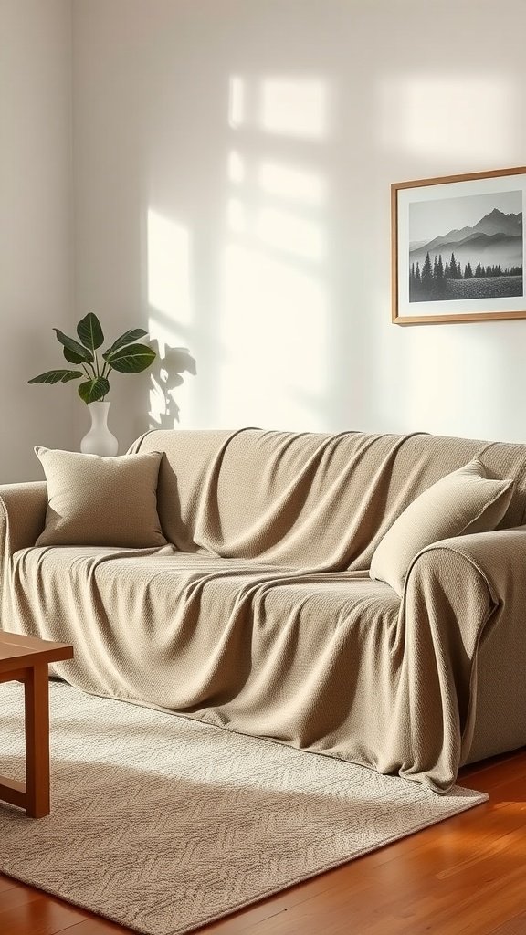 A cozy microfiber sofa covered with a beige throw blanket and decorative pillows, set in a bright living room.