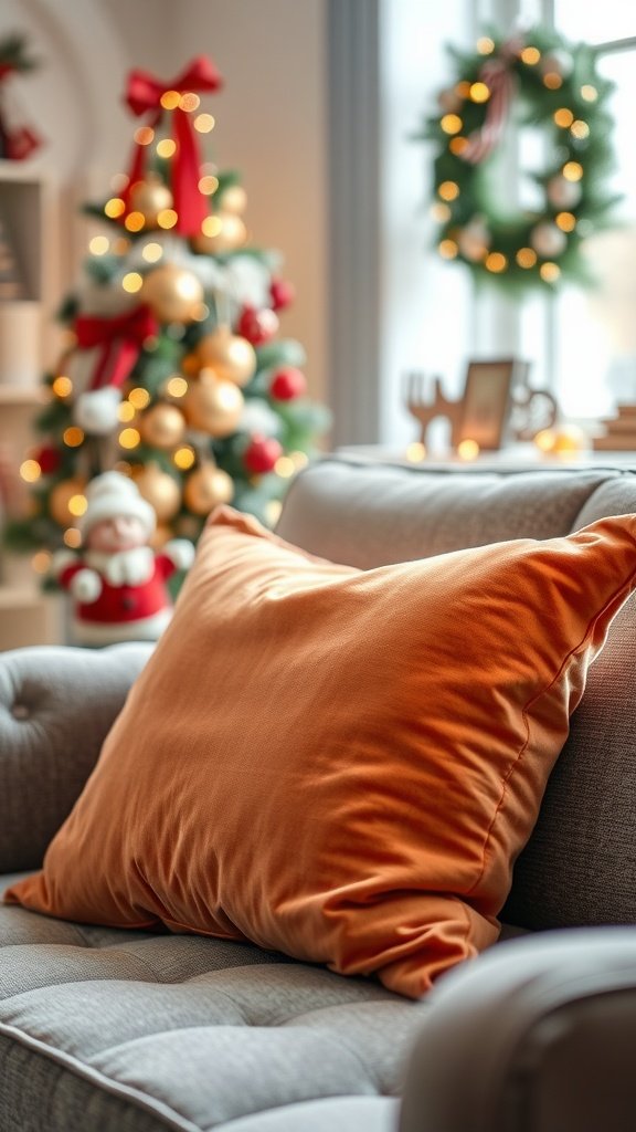 A cozy setting featuring a plush orange microfiber velvet pillow on a gray couch with a decorated Christmas tree in the background.