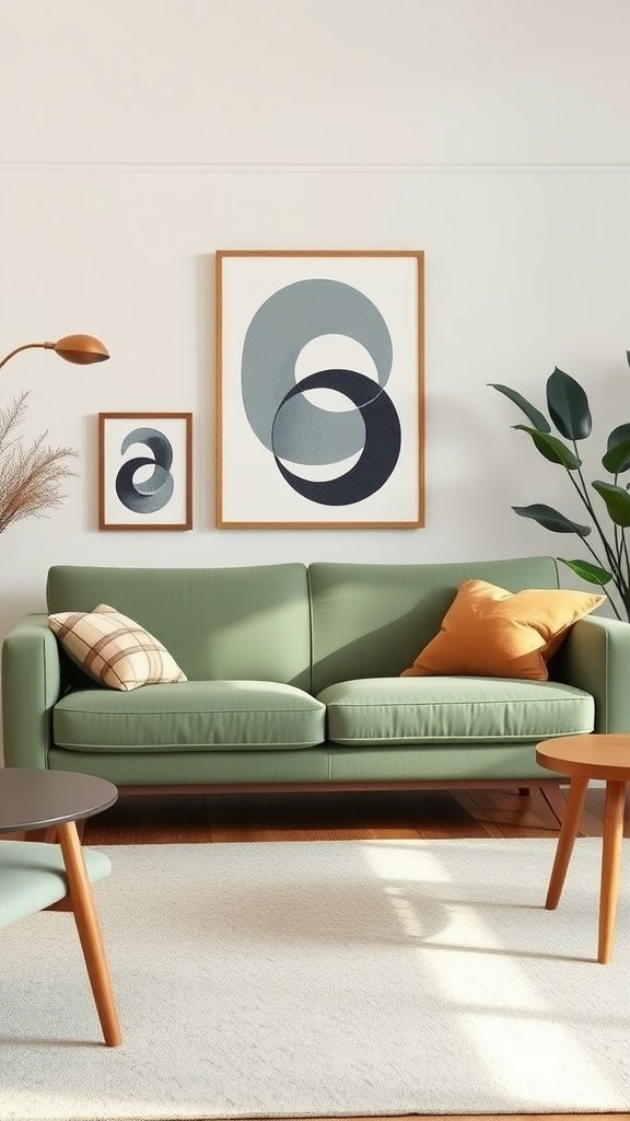 A sage green sofa with a minimalistic design, complemented by warm wood furniture and neutral decor.