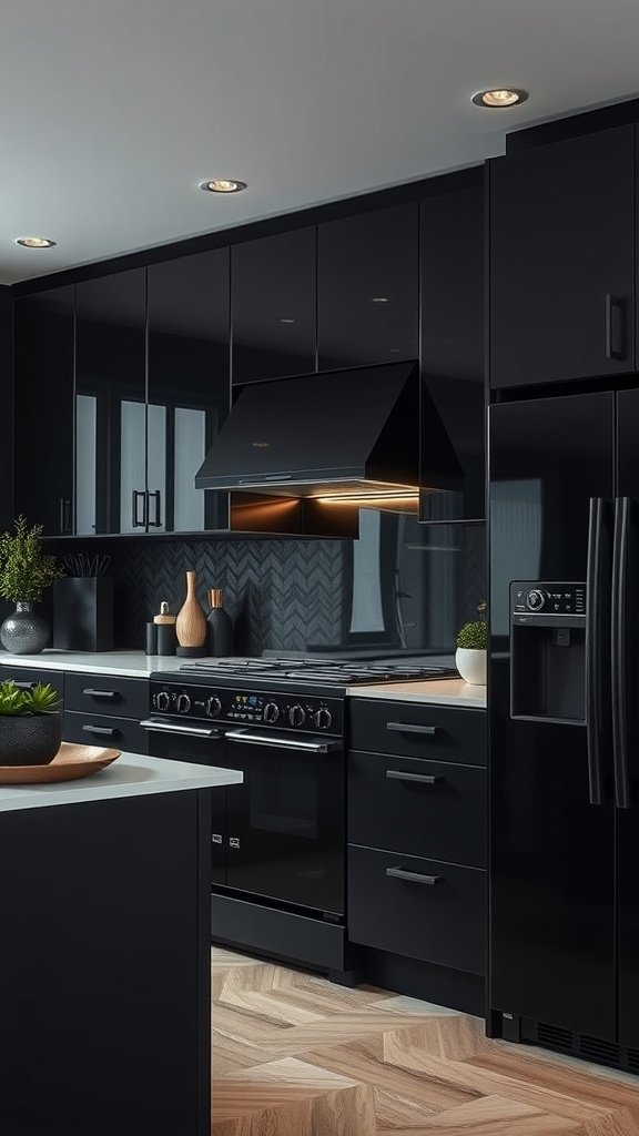 A stylish kitchen featuring midnight black appliances, dark cabinets, and a warm wooden floor.