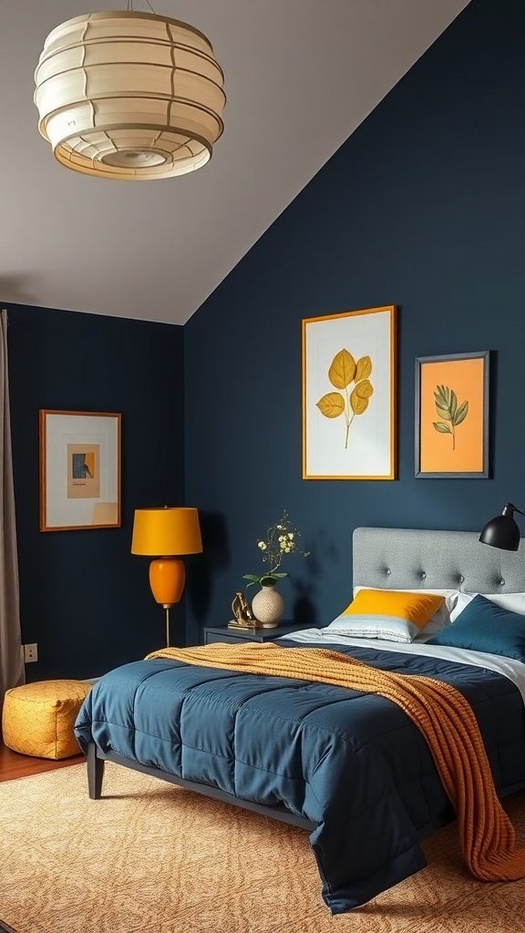 A cozy bedroom featuring midnight blue walls, mustard yellow accents, and modern decor.