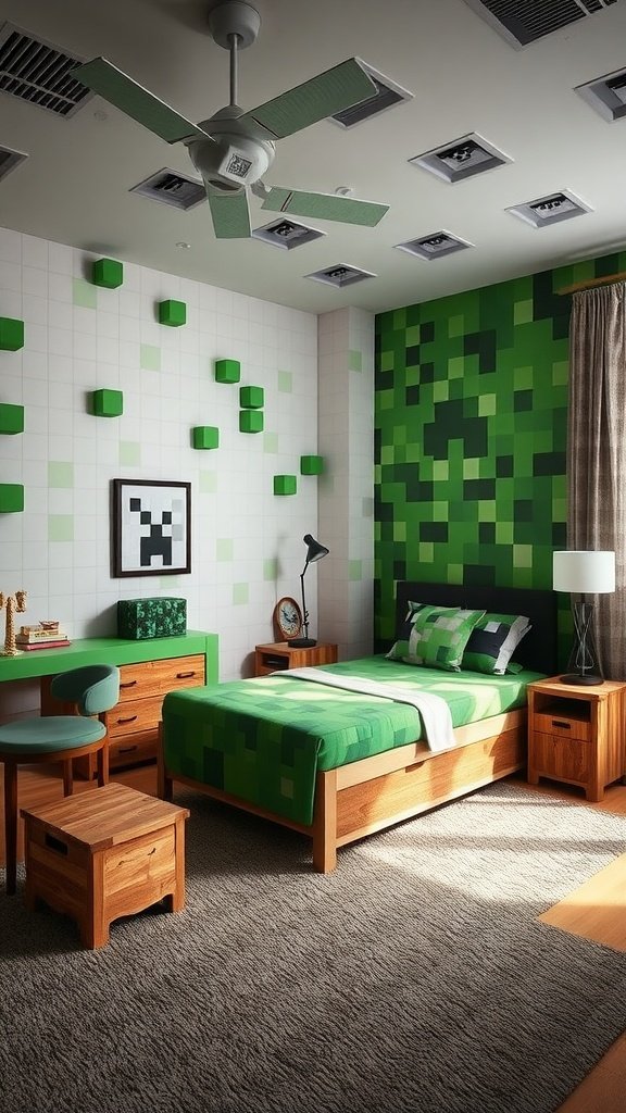 A Minecraft-themed bedroom with green pixelated walls and wooden furniture.