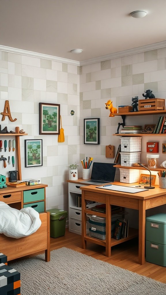 A Minecraft-themed bedroom featuring colorful decor, a desk with crafting supplies, and framed artwork.