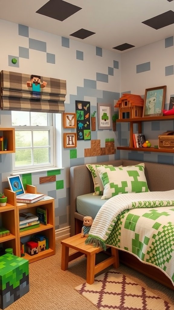 A Minecraft themed bedroom with pixelated wall designs, green bedding, and decor.