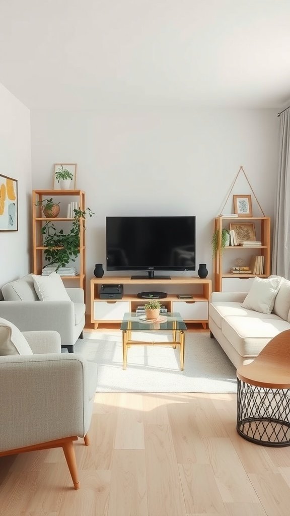 A minimalist living room featuring a television, light-colored sofas, and simple decor.