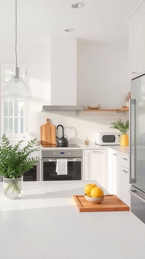A bright modern minimalist kitchen with clean lines and green plants.