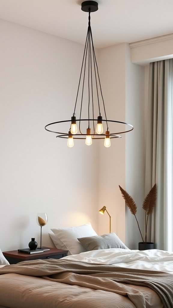 A minimalist chandelier hanging above a bed in a simple, modern bedroom.