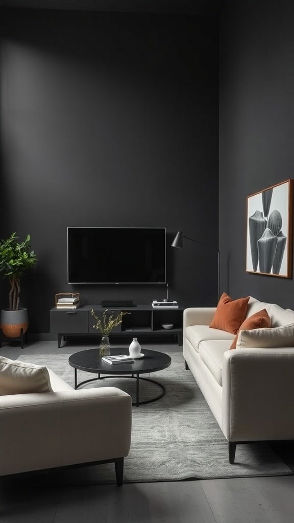 A living room with dark walls and light furniture, featuring a minimalist design.