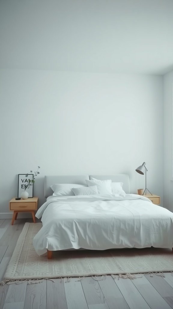 A minimalist bedroom featuring a simple bed, light-colored walls, and a small bedside table.