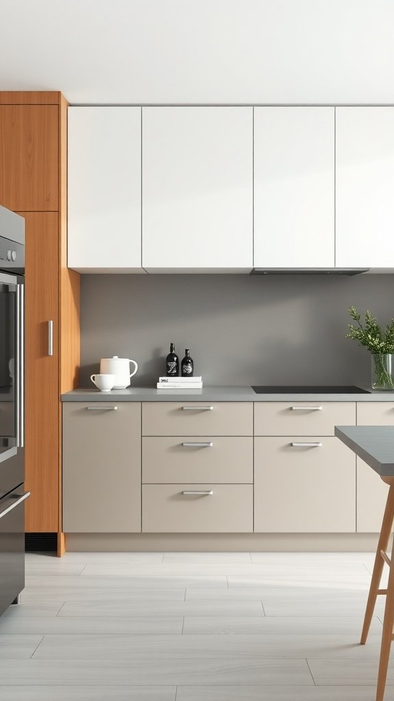 A minimalist kitchen featuring two-tone cabinets in white and beige.