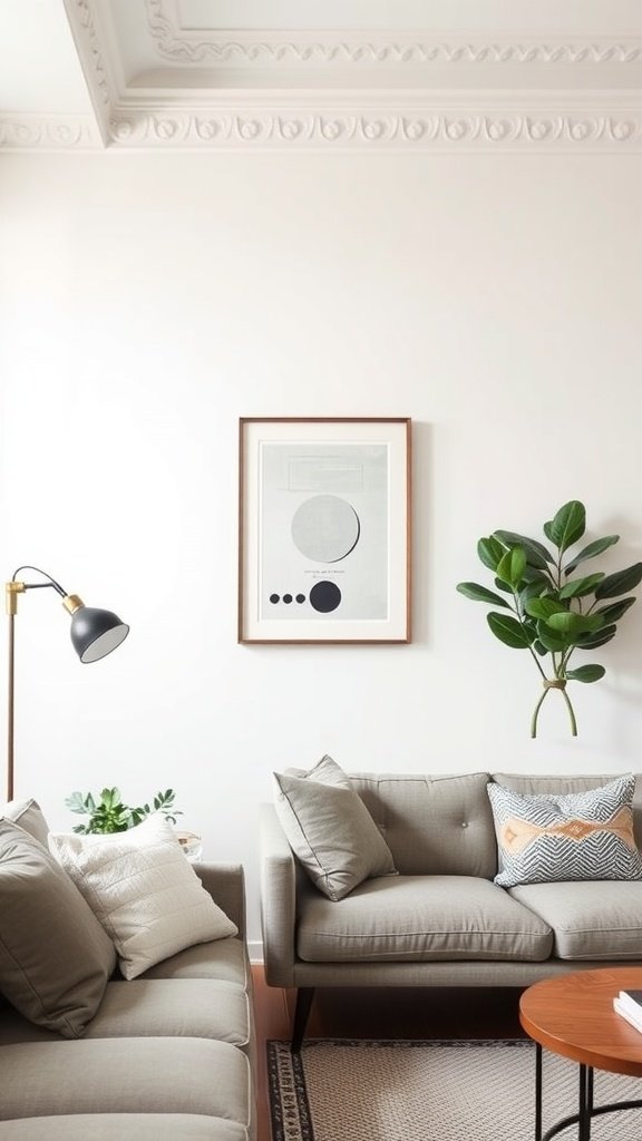 A minimalist artwork framed in black on a white wall next to a light gray couch with a small table and decorative items.