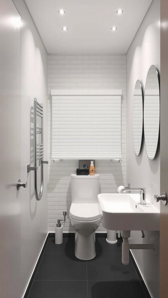 A narrow, minimalist bathroom with a clean design and simple fixtures.