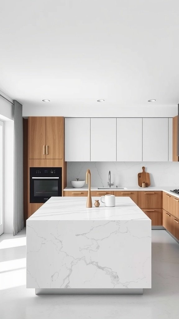 A minimalist kitchen featuring marble countertops and wooden cabinets.