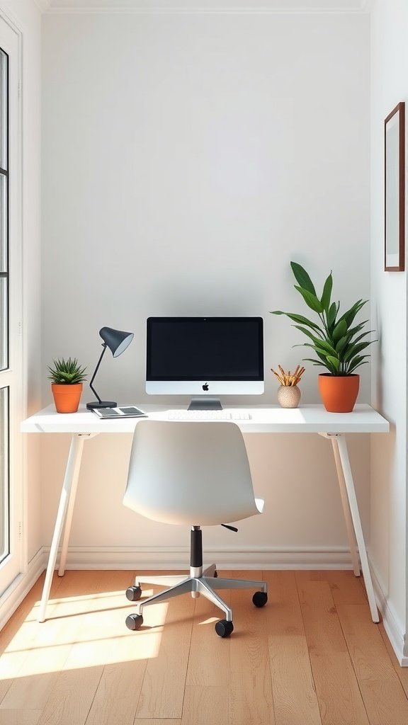 A minimalist desk setup featuring a white desk, an ergonomic chair, a computer, and potted plants.