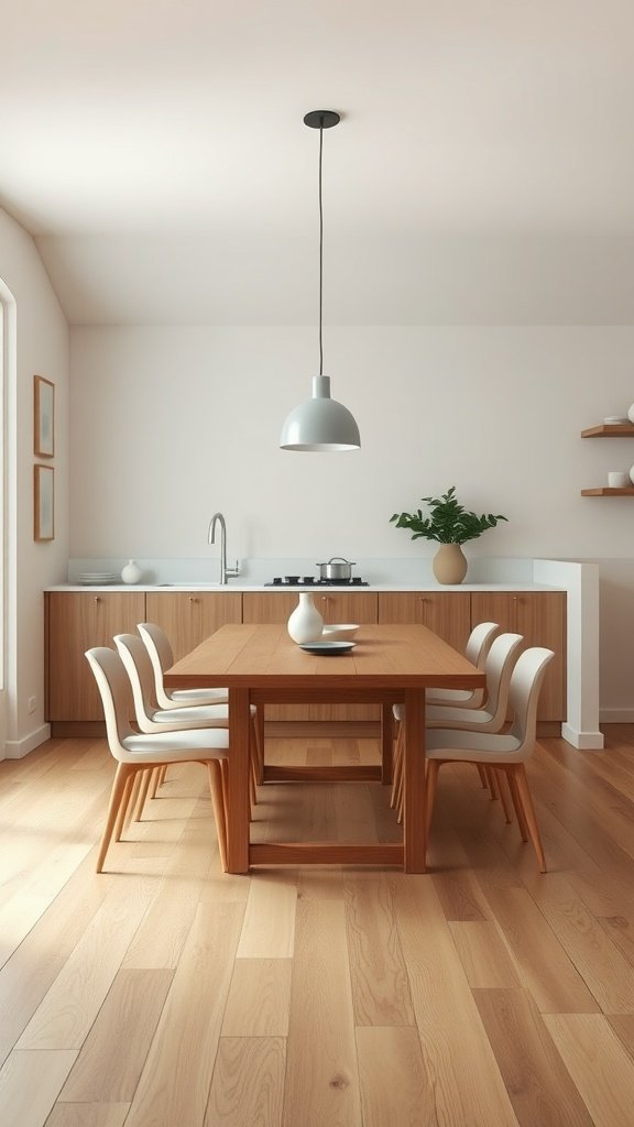 A minimalist dining area featuring a wooden table and chairs, with a simple pendant light and a touch of greenery.