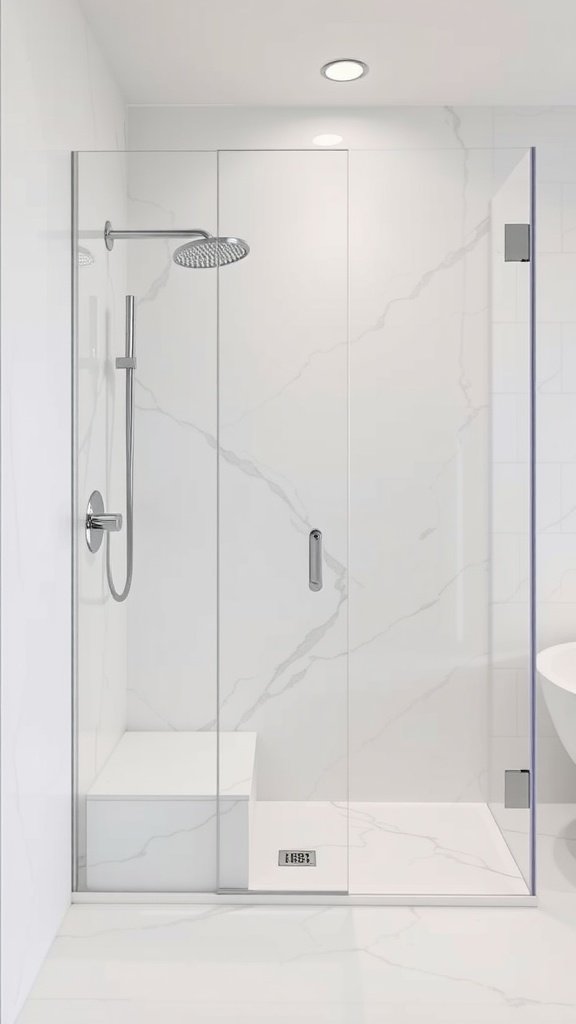 A minimalist shower design featuring white marble with subtle veining, complemented by clear glass doors and modern fixtures.