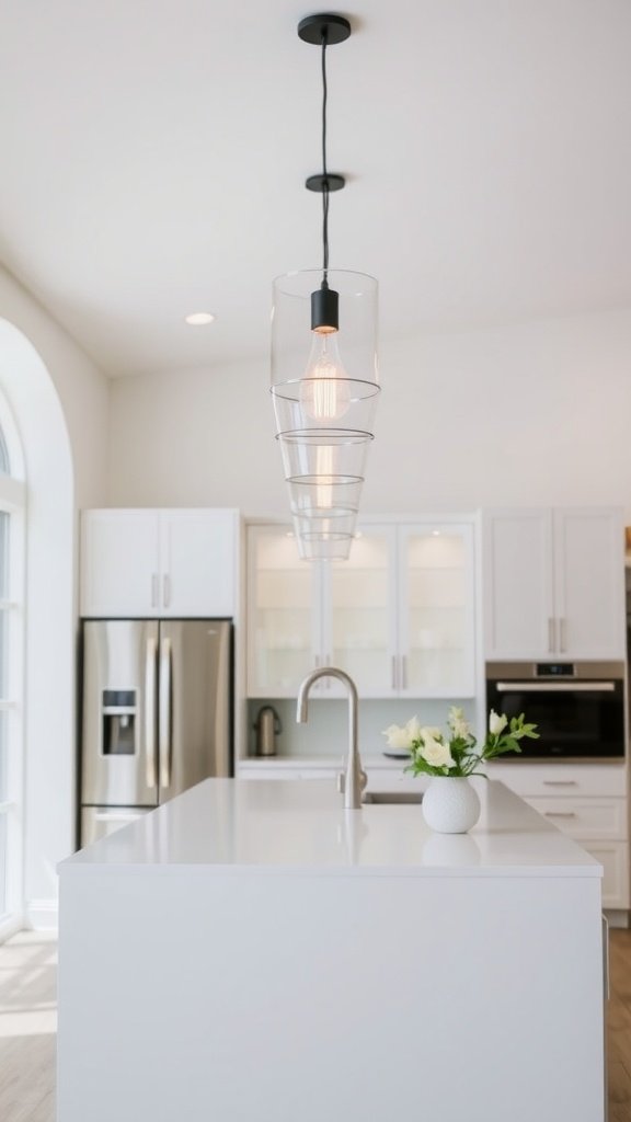 Modern minimalist kitchen with pendant lighting and clean lines.