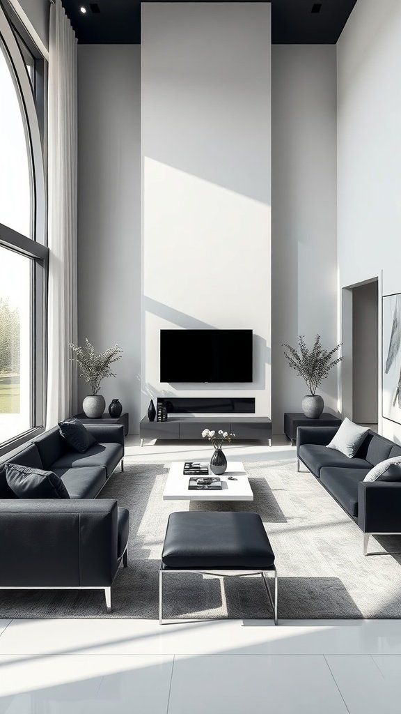 A modern minimalist living room featuring gray furniture and white walls.