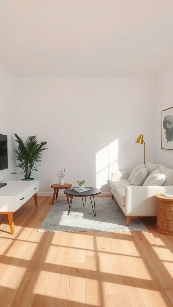 A minimalistic living room featuring a neutral rug, light furniture, and natural light.