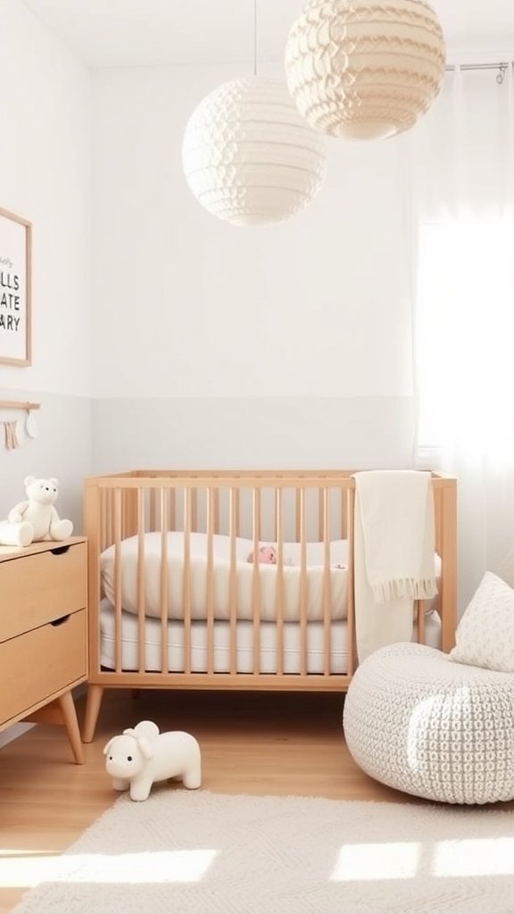 A minimalist Scandi nursery featuring a wooden crib, soft textures, and light colors.