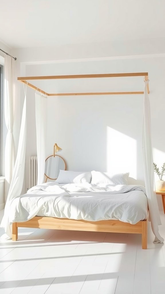 Minimalist Scandinavian canopy bed with light wood frame and soft fabric curtains in a bright room.