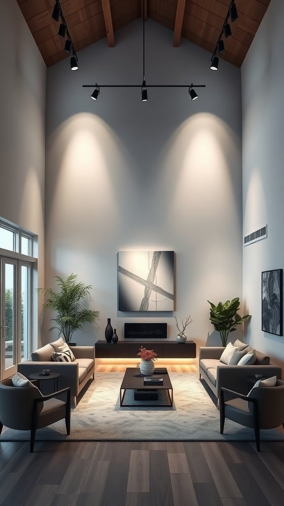 A minimalist double-height living room featuring track lighting.