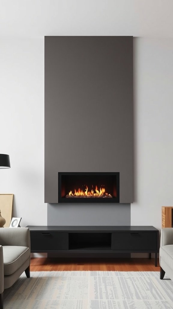 A modern, minimalist wall-mounted fireplace with a sleek design and flames.