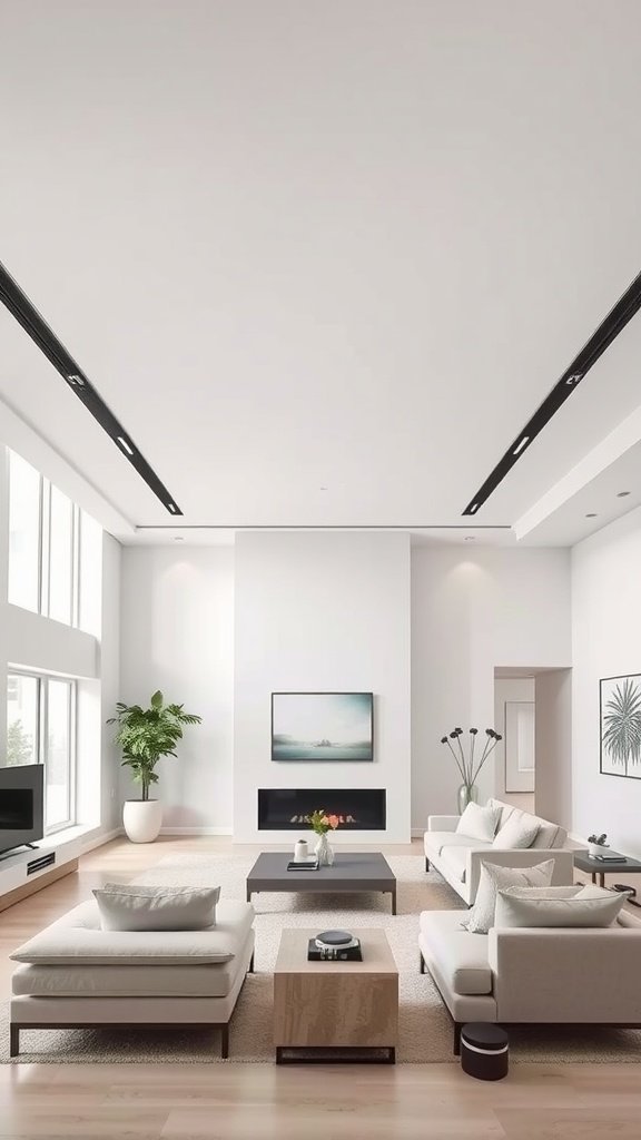 A minimalist living room featuring white panels and a simple light decor.