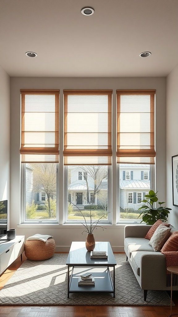 Bright living room with bamboo window shades and a cozy seating area.