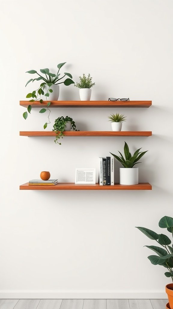 Minimalist wooden floating shelves with plants and books