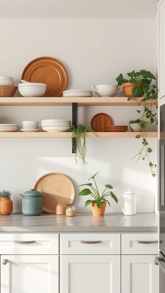 A minimalistic kitchen with open shelving displaying dishes and plants.