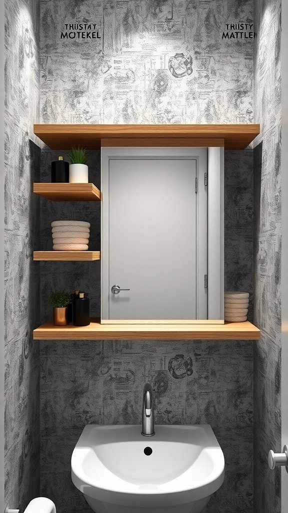 A small bathroom with wooden floating shelves integrated with a mirror, featuring decorative items and a sink.