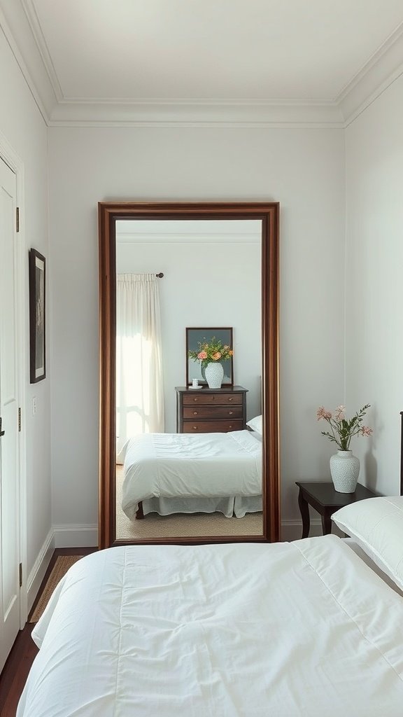 A large mirror reflecting a cozy bedroom with a bed and a dresser.