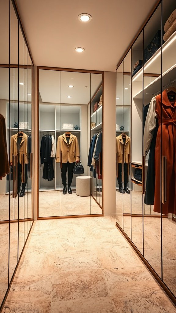 A walk-in closet with mirrored walls reflecting stylish clothing and accessories.