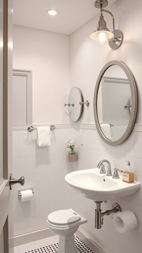 A small bathroom featuring round mirrors, a sink, and modern lighting.
