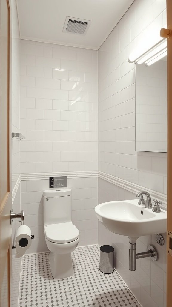 A small bathroom featuring a modern design with white tiled walls, a toilet, and a sink, showcasing mirrored elements.