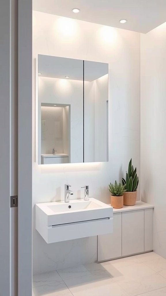 A modern bathroom featuring a mirrored cabinet above a sleek sink, complemented by potted plants.