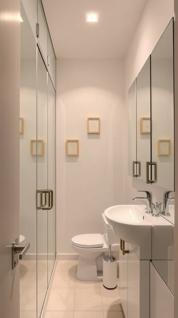 A narrow bathroom featuring mirrored cabinets and modern fixtures.