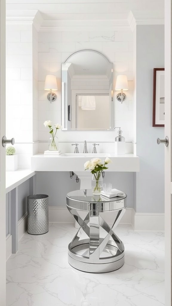 A small bathroom featuring a stylish mirrored coffee table and a round mirror above the sink.