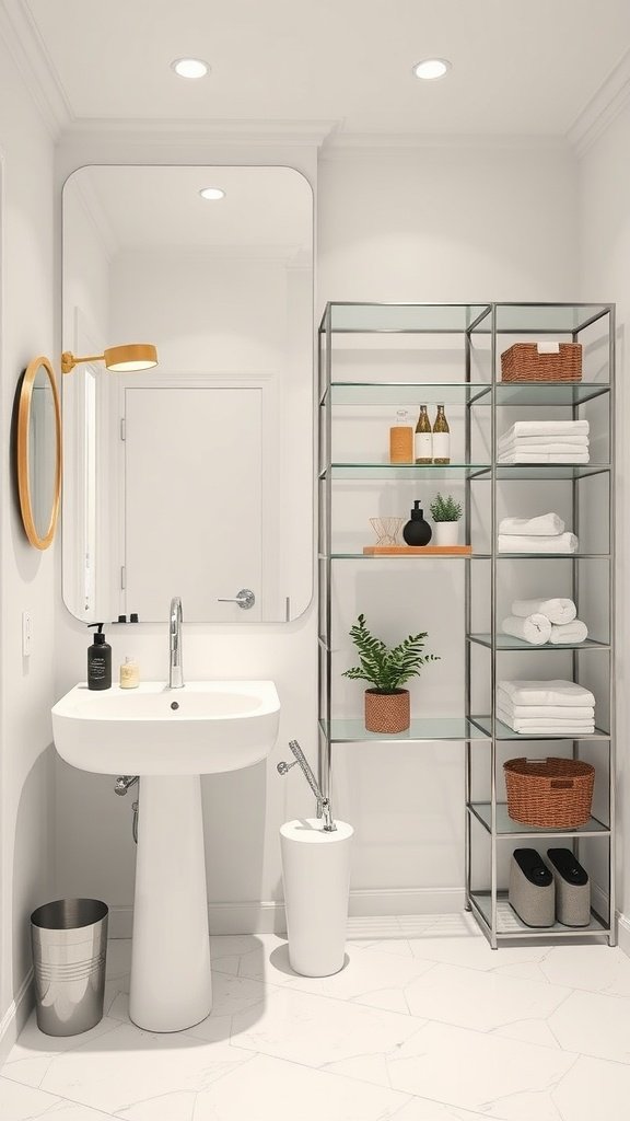 A small bathroom with mirrored shelving and stylish decor.
