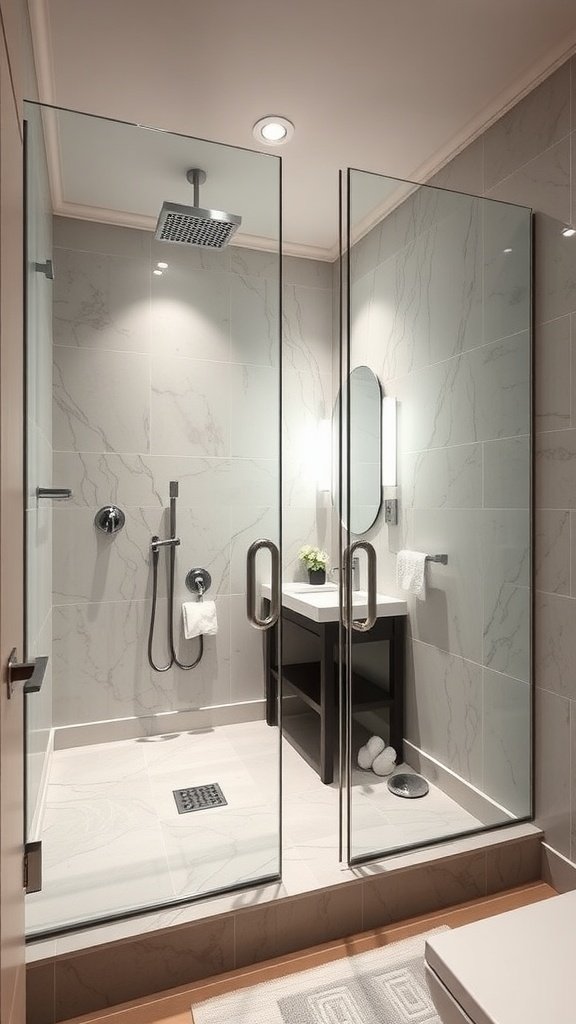 A sleek bathroom with mirrored shower doors, showcasing a modern design.