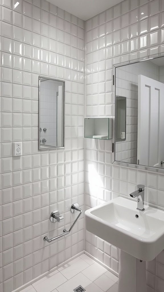 A small bathroom featuring mirrored tiles on the walls, enhancing the feeling of space.